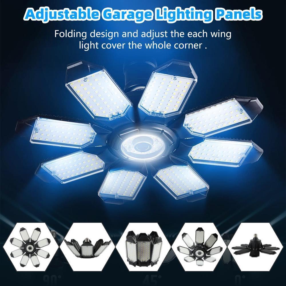 200W LED Garage Light, Deformable Ceiling Light with 8+1 Panels, 6500K, E26/E27 Screw-in Bulb, for Workshop, Storage, Warehouse, Attic