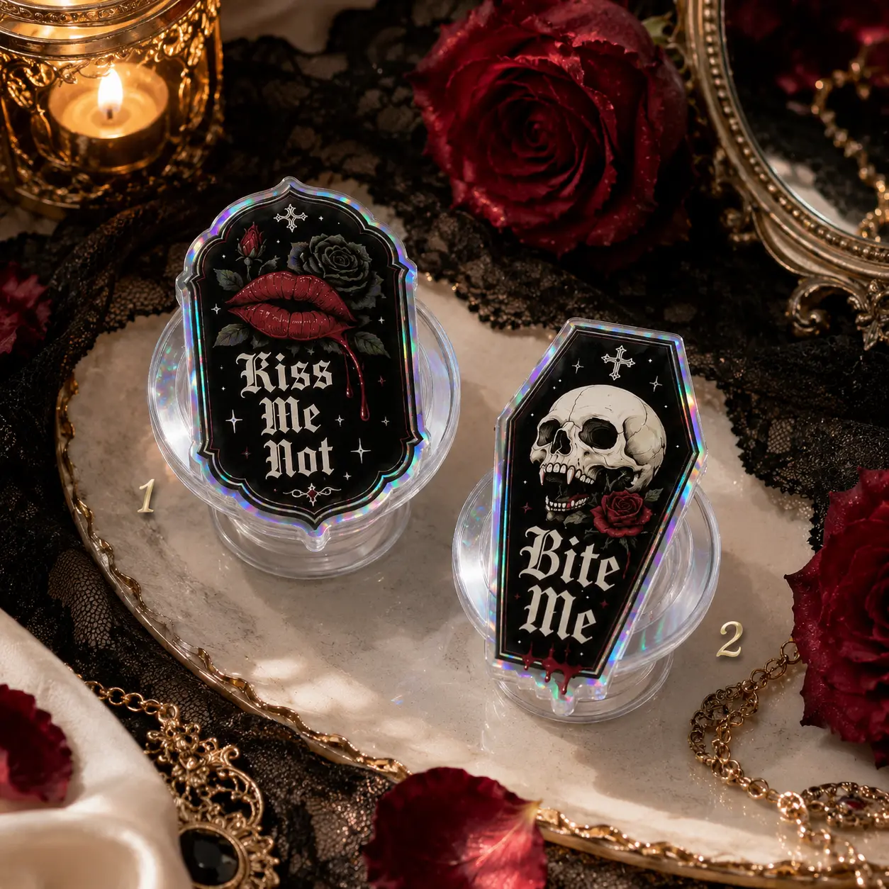 Dark Gothic Phone Grip Holographic Coffin Shaped Holder Vampire Kiss Me Not Bite Me Dark Romance Alt Stand Universal Fit Gift Her
