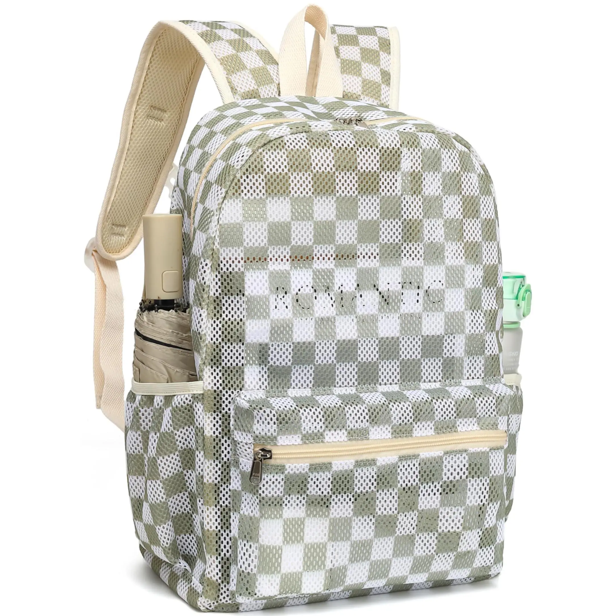Mesh Backpack Bookbag See Through Backpacks Casual Daypack For School Beach Travel Sport (green White Check)