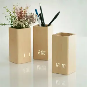 wooden digital temperature pen holder alarm clock for gift led desk clock