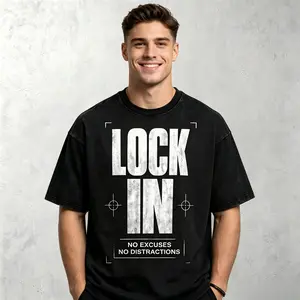 Unisex Lock In No Excuses Slogan T Shirt | 180g Slim Regular Fit & 230g Heavyweight Wash good Cotton Graphic Tees | Perfect Cool Boyfriend Birthday Gift Vintage Boxy Retro Charcoal Streetwear Tops Men Clothes Gym Motivation Apparel
