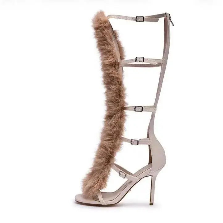 Women's Fur Trim Gladiator Heels with Stiletto Heel Style Open Toe Multi Buckle Knee High High Fashionable Party Dress Shoes