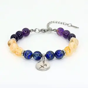 FIMENESS - SAGITTARIUS ENERGY BRACELET AMETHYST, CITRINE AND LAPIS LAZULI NATURAL STONE BEAD COMBINATION HAND MADE STAINLESS STEEL NON-TARNISH CRYSTAL JEWELRY
