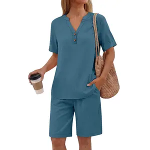 ANRABESS Women's 2-Piece Linen Lounge Set – Casual Henley Shirt & Short Pajama Set for Summer Beach & Vacation Outfits