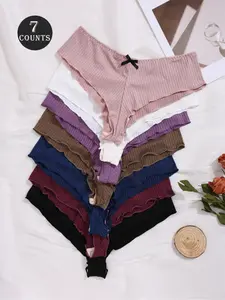 Women's Bowknot Ruffle Thong Panties Set, 7-Piece Underwear Collection, Comfortable & Stylish Ladies' Lingerie, Perfect for Daily Wear