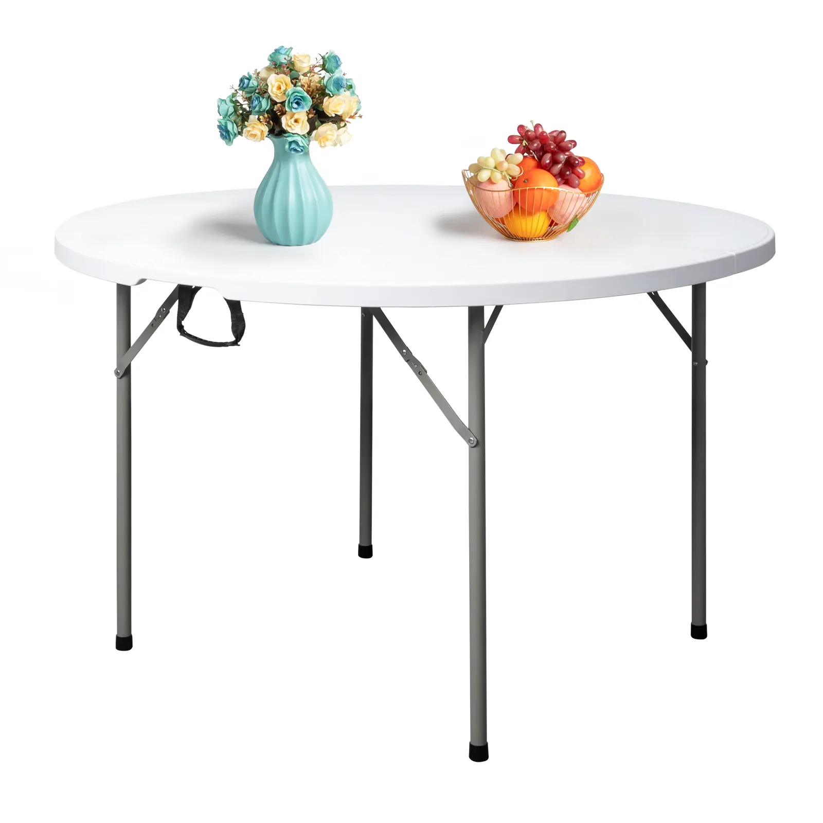 48 Inch Round Folding Table, White Heavy Duty Plastic Foldable Utility Table With Carry Handle, Portable Half-Fold Round Dining Table For Wedding, Party, Banquet, Indoor & Outdoor Use
