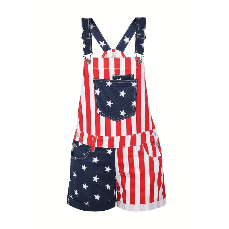 [Star Print Shorts with Pockets] Women Summer Denim Overalls, Adults Color Block Stripe Star Print Suspender Shorts With Pockets
