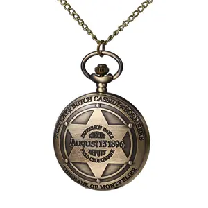 Western Pioneer Pocket Watch: Men Women Analog Quartz Vintage Arabic Numeral Dial 1896 Sheriff Badge Design Unisex Pendant Watches