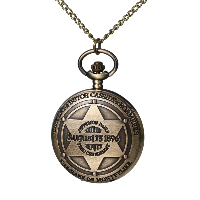 Western Pioneer Pocket Watch: Men Women Analog Quartz Vintage Arabic Numeral Dial 1896 Sheriff Badge Design Unisex Pendant Watches