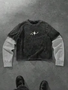 Men's New Long Sleeve Patchwork Two-Piece Menswear Streetwear Colorblock Graphic Star Print Casual Fitted T-Shirt, Fall & Winter Fashion