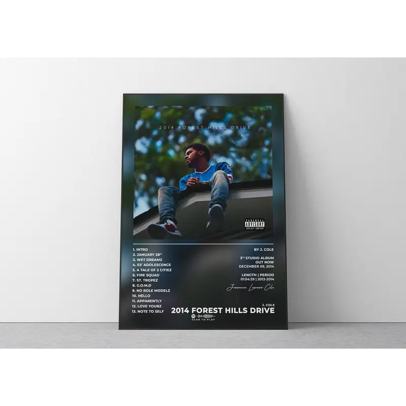 J Cole 2014 Forest Hills Drive Rap Album Cover Poster Print - Thick Unframed Multi-Size (24x24 Included), 400 Years B&W Wipeable Graphic Paper Wall Art, Artistic Decorative Bedroom Art for Dining Room Home Decor