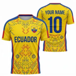 Custom Name Number Ecuador Graphic Jersey, Yellow Tricolor Indigenous Inca Pattern Football Shirt, EC Flag Coat of Arms Sportswear, Men Women Unisex Athleisure Top, South American Pride Game Day Outfit, Gift for Soccer Fans