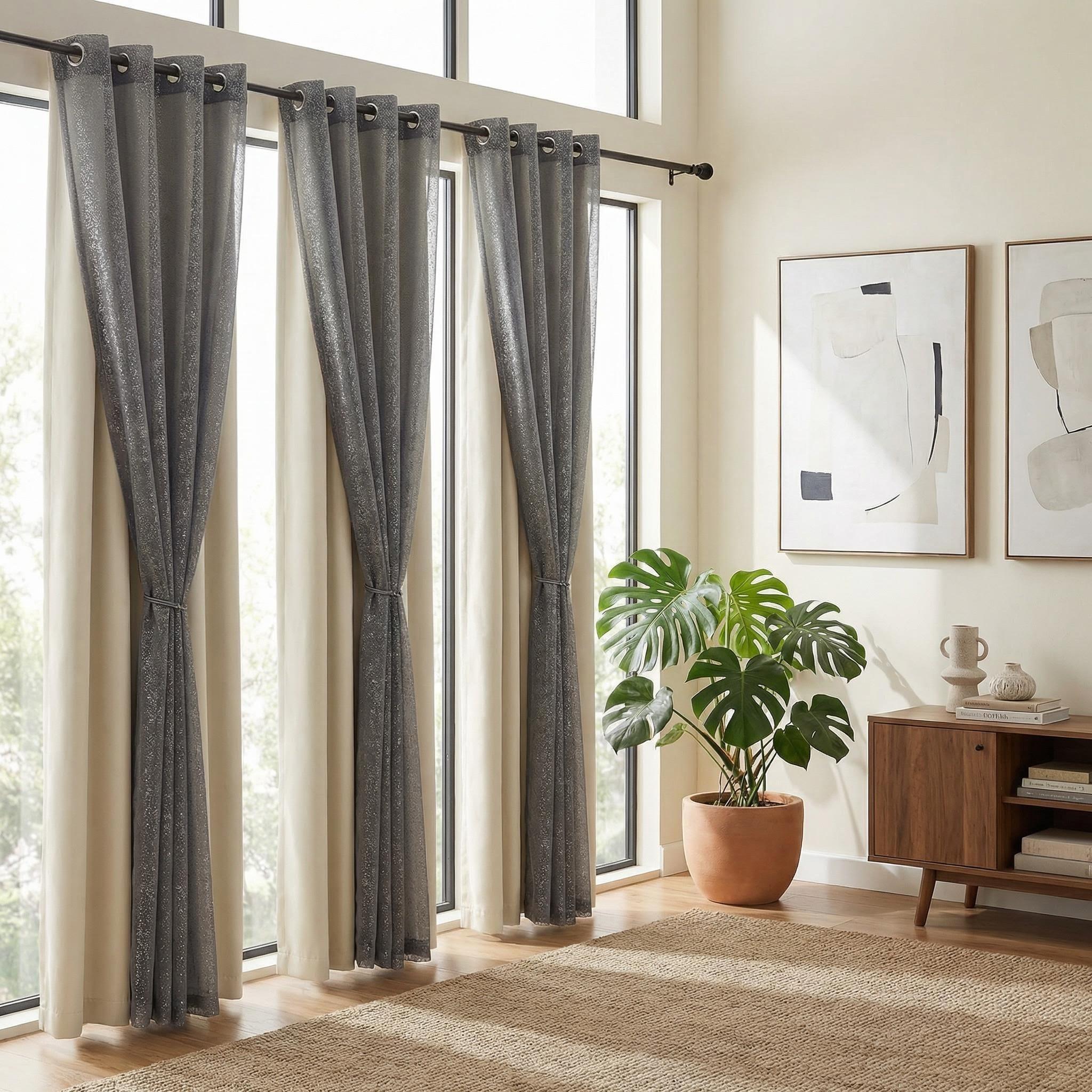 Curtain Club 8 Panels 52x84inch Curtain Fabric + Chiffon Set: 4 panels are plain blackout fabric, 4 panels are chiffon. With silver heat transfer finish, allowing light to pass through. The set can provide both blackout and decorative effects. FT2599+L28 Curtain Club 8 Panels 52x84inch Curtain Fabric + Chiffon Set: 4 panels are plain blackout fabric, 4 panels are chiffon. With silver heat transfer finish, allowing light to pass through. The set can provide both blackout and decorative effects. FT2599+L28