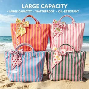 Outdoor Sports Striped Tote Bag - Waterproof, Sandproof, Portable Beach Travel Handbag with Free Random-Color Decoration Ribbon