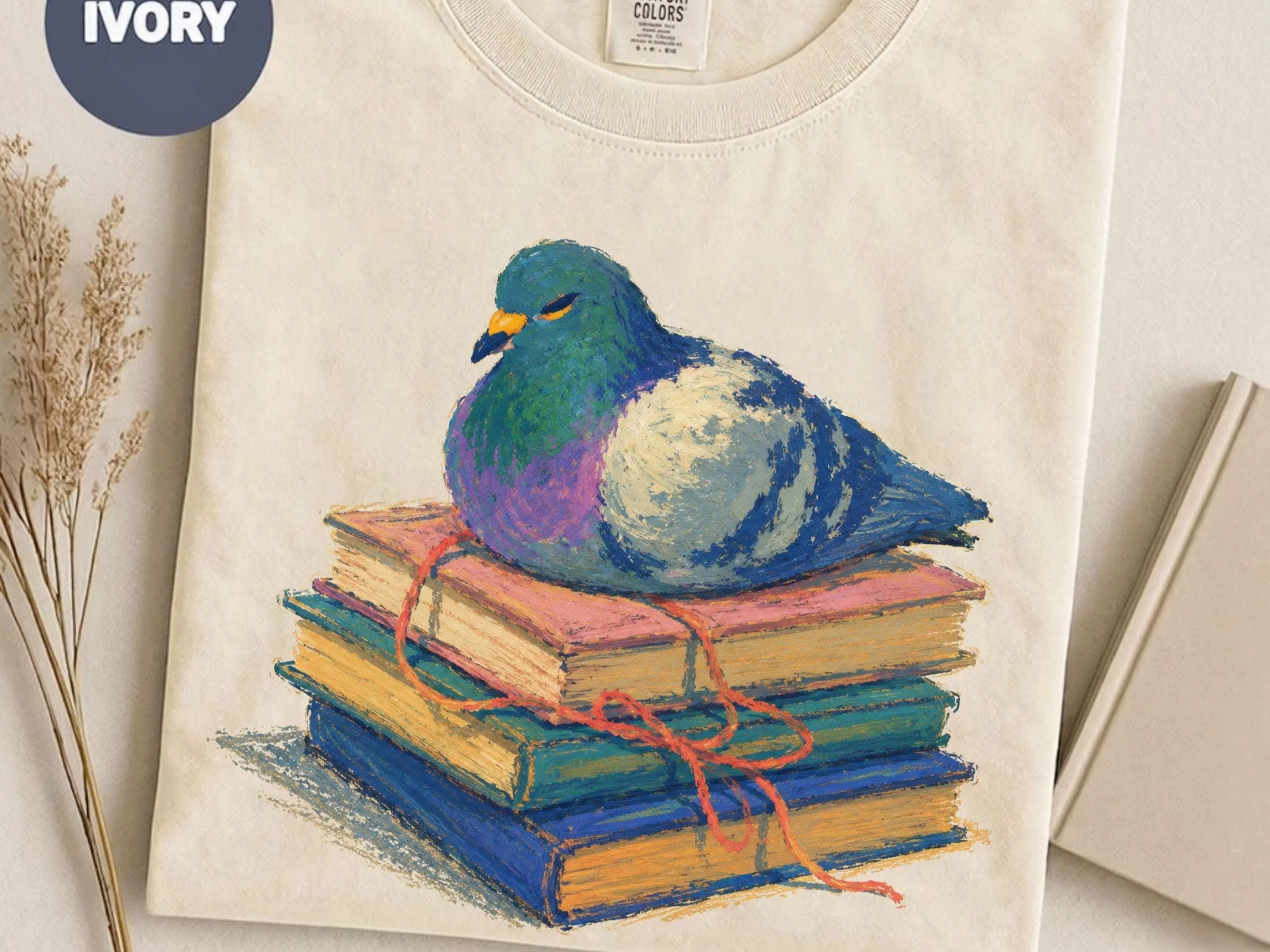 Women's Pigeon Graphic Tee/Sweatshirt - Unisex Ring-Spun Cotton Top, Relaxed Fit, Vintage-Washed, Breathable, Soft Round Neck, Casual Streetwear Gift for Book Lovers