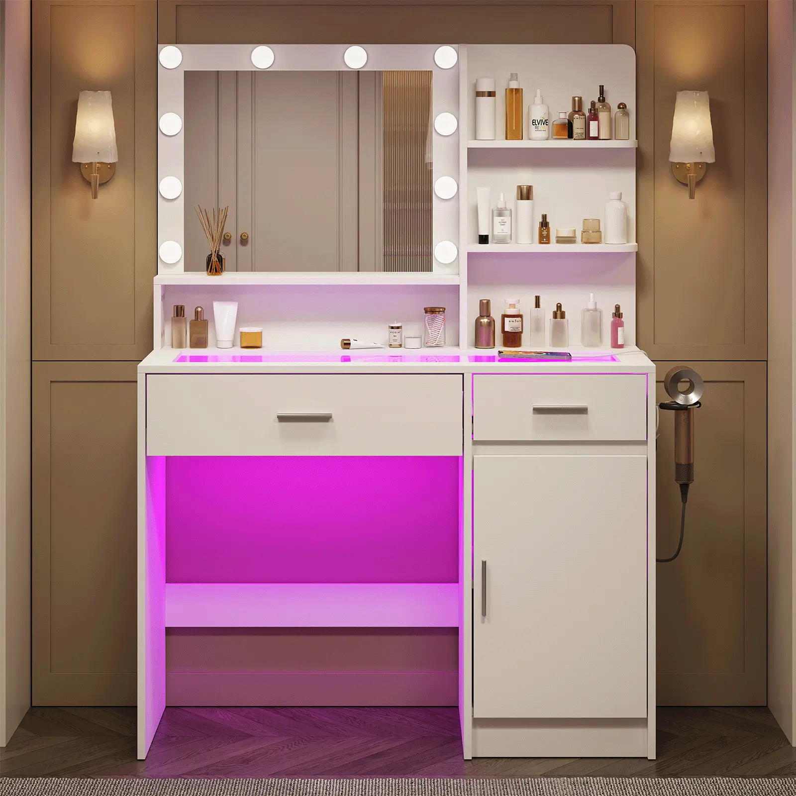 39" LED Vanity Desk with Mirror & Lights – Tempered Glass Top, 2 RGB Drawers & Built-in Power Outlet Vanitydesk