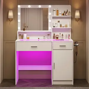 39" LED Vanity Desk with Mirror & Lights – Tempered Glass Top, 2 RGB Drawers & Built-in Power Outlet Vanitydesk