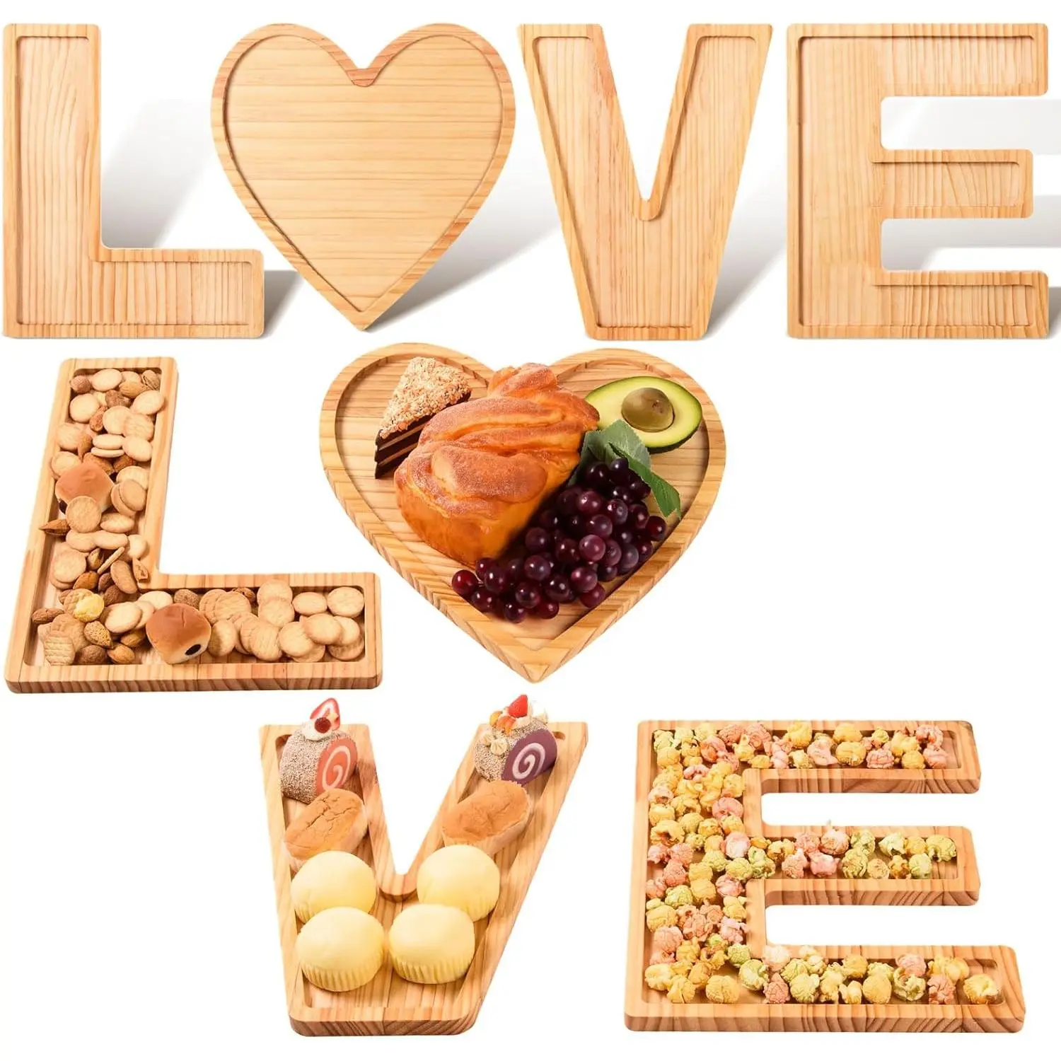 Thick Pine Wooden LOVE Letters Heart Shape Food Serving Platter Set, 12.6" Kitchenware Charcuterie Board for Valentine's Day Wedding Decorations