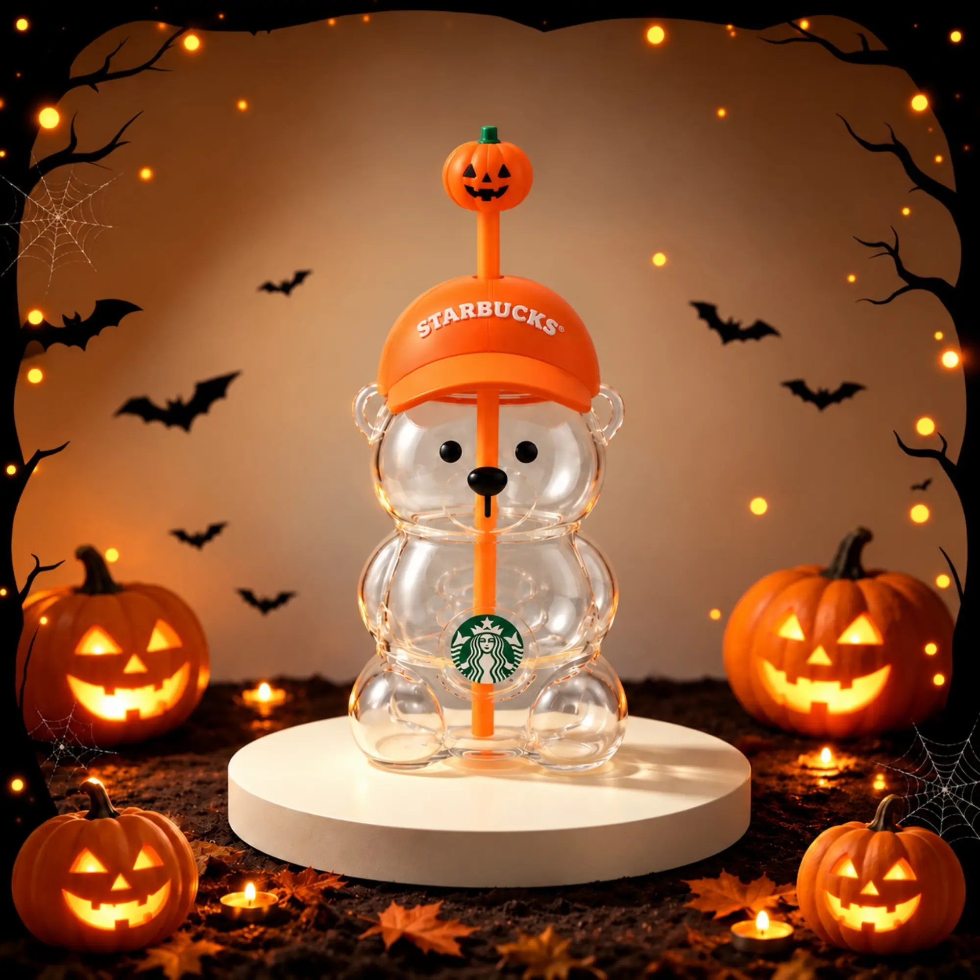 Starbucks x Bearista Halloween 20oz Tumbler Cup, Cute Bear Cold Cup with Pumpkin Straw, Limited Edition Fall Drinkware