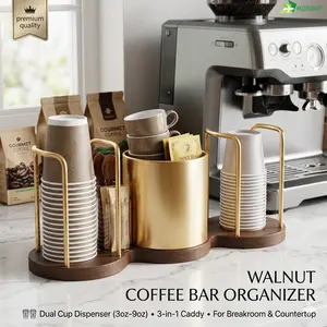 Walnut Coffee Bar Organizer - Dual Disposable Cup Dispenser for 3oz-9oz, 3-in-1 Paper Cup Holder & Storage Caddy for Office Breakroom, Kitchen Countertop & Bathroom