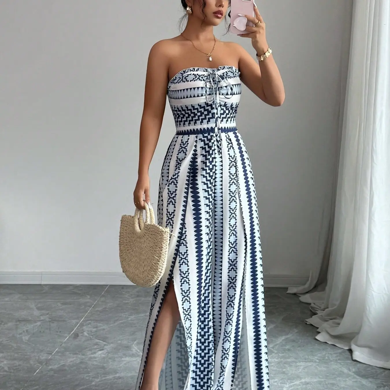 Breathable Flowy Wide Leg Geometric Printed Jumpsuit, Sleeveless Boho Style, Fit, High Waist, Leaf Print, Split Thigh Slit, Perfect for Beach, Work, Date Night