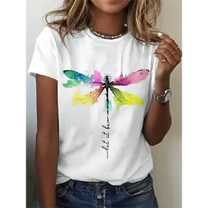 [100% Cotton] Women'S Fashion Casual White Tee, Dragonfly Art With Inspirational Quote, Short-Sleeved Round Neck T-Shirt, Summer Style Top T-Shirt For Men And Women