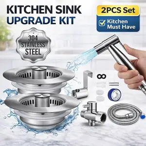 2-Piece Kitchen Sink Upgrade Set: 3-in-1 304 Stainless Steel Sink Stopper + Stainless Steel Sprayer tool-free installation strainer