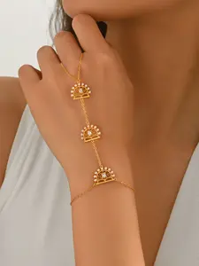 Vintage Court Style Zircon Beaded Finger Cuff Bracelet, Trendy Bangle, Hollow Out Floral Design, Perfect for Parties and Music Festivals, Versatile Accessory