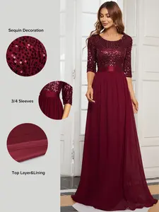 Ever-Pretty Elegant Sequin Evening Dress with Round Neckline & Long Sleeves – Perfect for Weddings, Galas, and Formal Events 00685