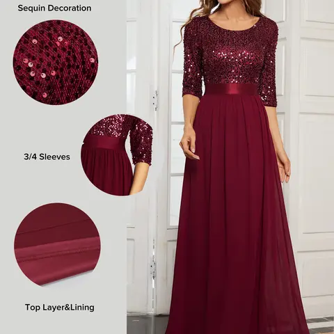 Ever-Pretty Elegant Sequin Evening Dress with Round Neckline & Long Sleeves – Perfect for Weddings, Galas, and Formal Events 00685