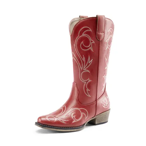 DREAM PAIRS Women's Embroidered Mid-Calf Vegan Leather Cowboy Boots - Square Toe, Chunky Heel, Stitched Western Footwear, TPR Sole, Cowboy Aesthetic, Dress-up Denim, Slip-on, All-Season, Fabric Cloth Shoes for Parties Dates