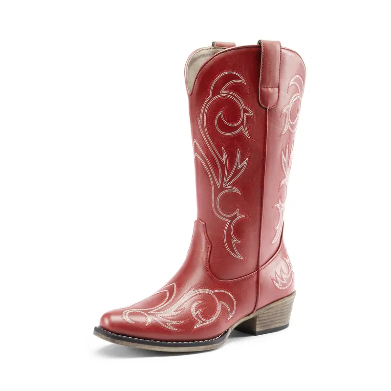 DREAM PAIRS Women's Embroidered Mid-Calf Vegan Leather Cowboy Boots - Square Toe, Chunky Heel, Stitched Western Footwear, TPR Sole, Cowboy Aesthetic, Dress-up Denim, Slip-on, All-Season, Fabric Cloth Shoes for Parties Dates
