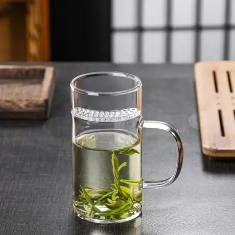 All-in-One Filter Moon Cup Thickened Tea Cup with Filter Crescent-Shaped Tea Cup Large-Capacity Tea Infuser 350ML/12OZ Clear Glass Drinkware, Glass Drinking Glasses, Thickened Glass Cups