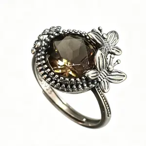 Natural Smoky Quartz Butterfly Adjustable Ring, 925 Sterling Silver