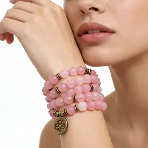 Lucky 8mm Crystal Rose Quartz Healing Stone108 Mala Beads Luck Necklace Long Beaded Wrap BraceletsGenuine Gemstone Mala Prayer Beads Lotus Buddha CharmYoga Meditation Necklace Jewelry Elegant with Lotus GiftRamadan Long Chain Sweater Chain