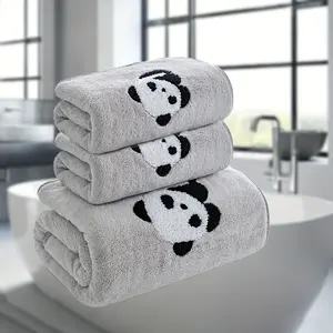 3pcs Embroidered Panda towel set ,Including 2 Towels + 1 Bath Towel coral velvet set soft and absorbent suitable for hotel, travel, bathroom, hot spring, sauna, spa, face bath special quick dry skin comfort