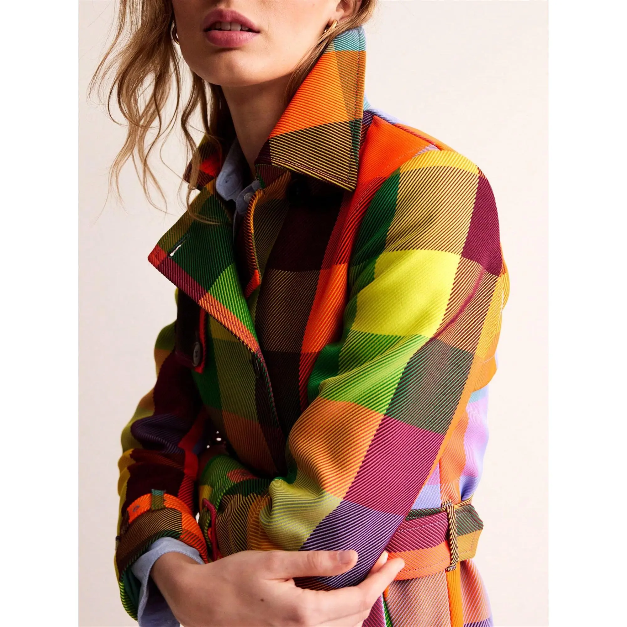 Plaid Double Breasted Trench Coat, Rainbow Colors, Women display picture 1