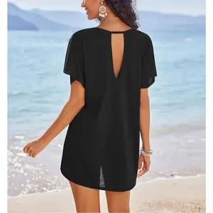 Women's Swimsuit Coverup Ruffle Sleeve Bathing Suit Beach Cover Up Back Hollow Bikini T-Shirt Dress S-2XL