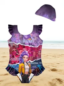 Toddler Girls Cartoon Idol Group Swimsuit Collage Style Ruffled One-Piece with Cap