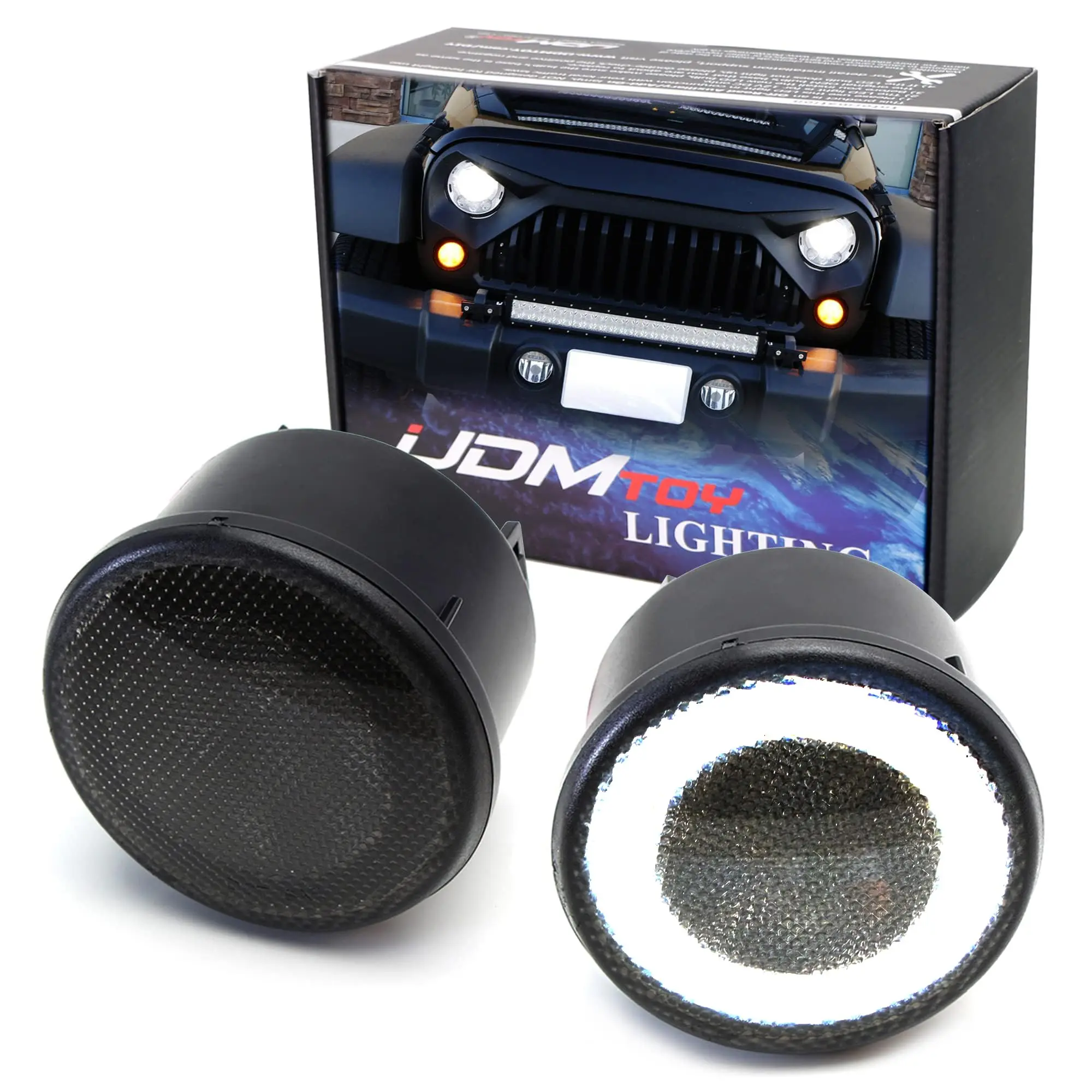 iJDMTOY Smoked Lens LED Driving/DRL Turn Signal Lamp Assembly For Jeep 2007-17 Wrangler (White LED Halo Ring as Parking/Driving/DRL Lights & Amber LED Center Light as Turn Signals)