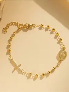 Women's Stainless Steel Round Bead Bracelet, Simple Design, Casual Style, Daily Wear, Versatile Prayer Jewelry for Women, High Quality Bracelet, Stackable Bracelet, Cross Beads Bracelet