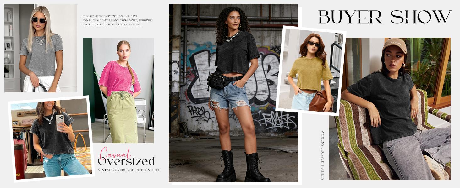 Yimoon Cropped T Shirts for Women Short Sleeve Acid Wash Cotton Tops Vintage Oversized Casual Basic Tee Shirts Lightweight