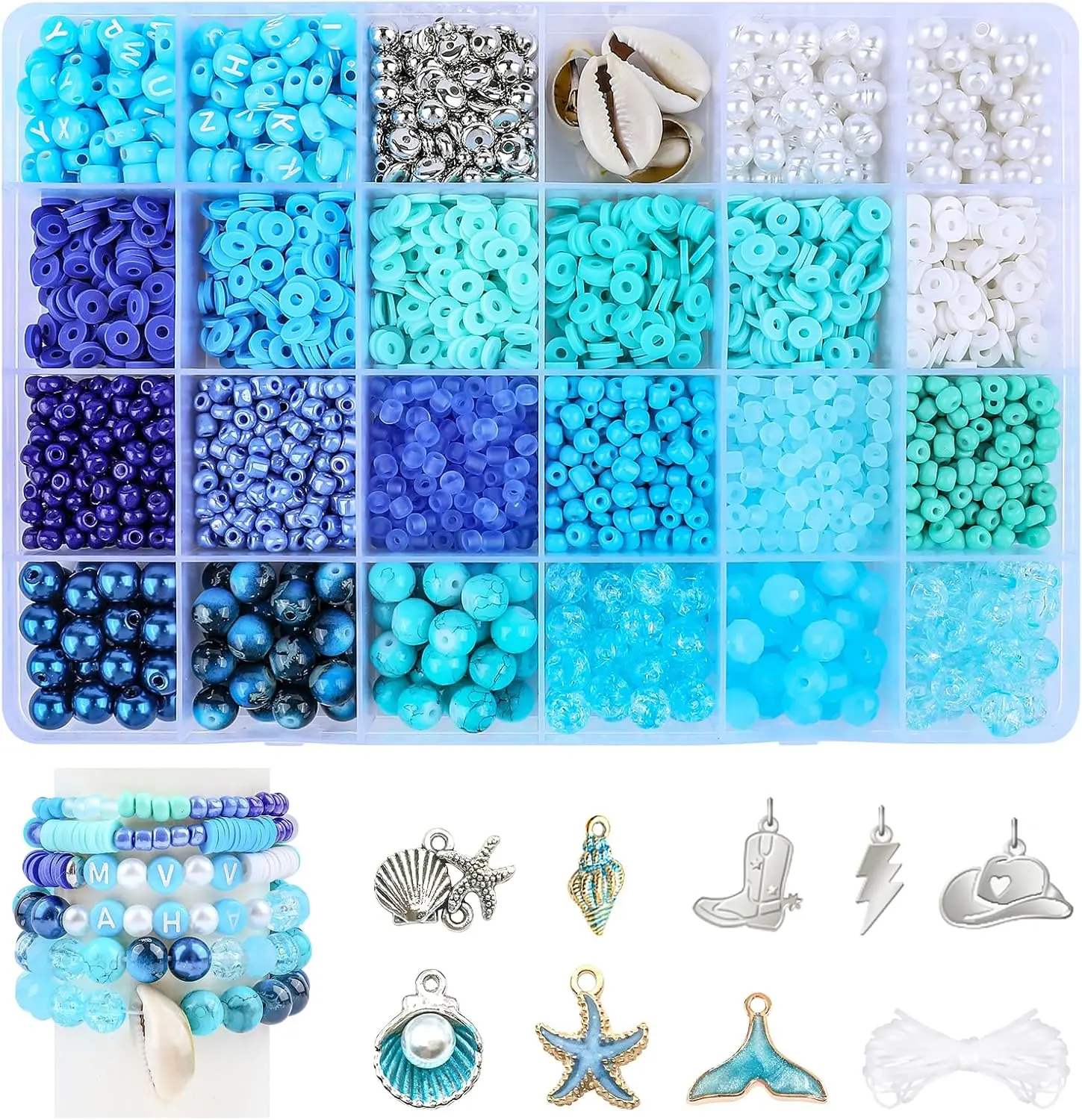 Blue Clay Beads for Bracelet Making Kit, 24 Colors 3500pcs Friendship Bracelet Making Kit, Small Glass Beads for Jewelry Making, Blue Ocean Series Colorful Crystal Beads and Crafts DIY Gifts