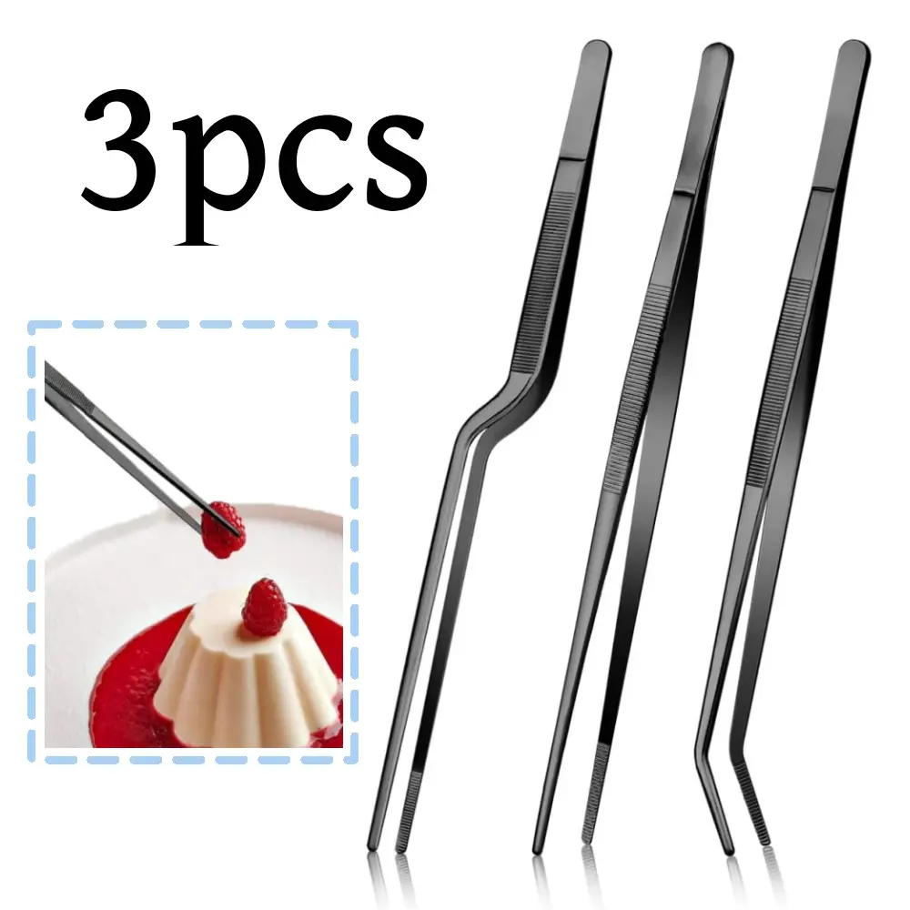 3 piece Stainless Steel Black Fine Long Tweezer Tongs Cooking Tweezer Tongs Professional Kitchen Tools for Cooking, Repairing, Sea Food