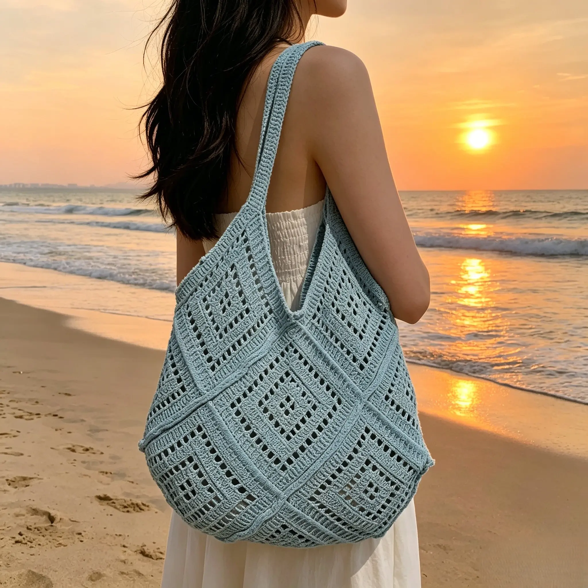 Vintage Handwoven Hollow Out Bag, Large Capacity Knit Shoulder Tote, Beach & Vacation Commute Bag, Stylish Single Strap Design, Handcrafted Bag