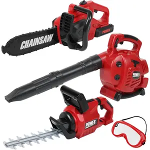 Garden Tools Set for Kids Battery Operated Toy Leaf Blower, Hedge Trimmer and Chainsaw Pretend Play for Boys Girls