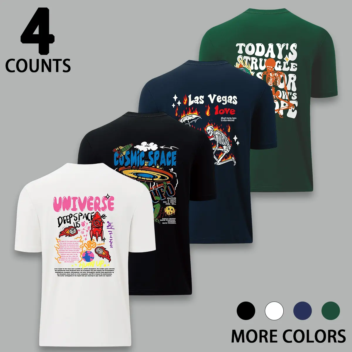 Men's 4-Piece Graphic Tee Set, Casual Short-Sleeve Tops with Double-Sided Prints, Lightweight Breathable Fabric for Beach & Daily Wear, Shortsleeve, Menswear, 4-Piece Set 1, Streetwear, Tshirt, Assorted Men's Short-Sleeve T-Shirts, 4 Counts