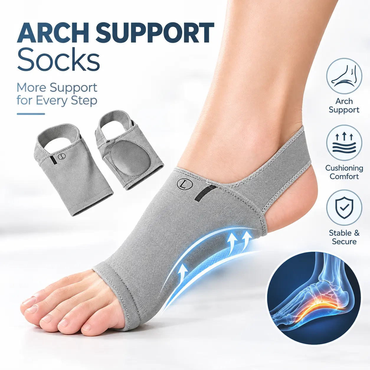 Arch Support Sleeve for Men and Women, Adjustable Foot Support Brace with Heel Strap, Breathable Stretch Fabric for Running, Walking, Gym Workouts and Daily Wear