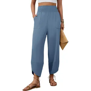Womens Linen Pants Wide Leg Palazzo Capri Barrel Harem Pants Casual High Waisted Trousers with Pockets Beach