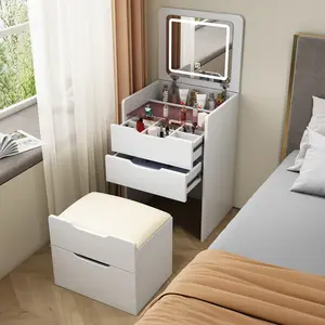 3 in 1 Vanity Desk with Plip Top Mirror,Small Make Up Vanity Set with Visible Glass Desktop,Compact Makeup Vanity with 3 Drawers and Cushioned Tool,Dressing Table for Bedroom